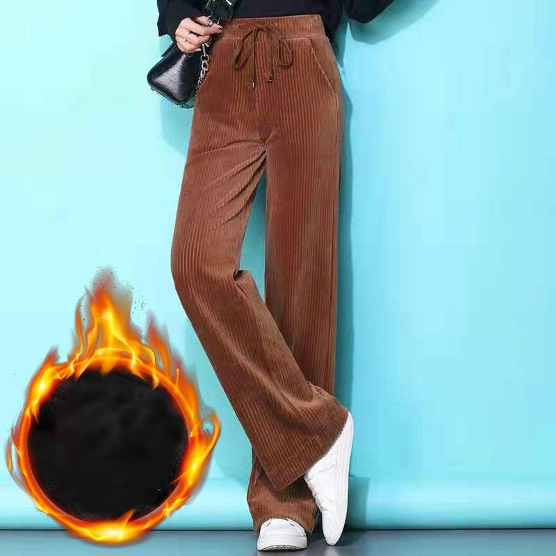Dámské podzimní a zimní vycpané ležérní manšestrové kalhoty s vysokým pasem volné zesílené kalhoty
