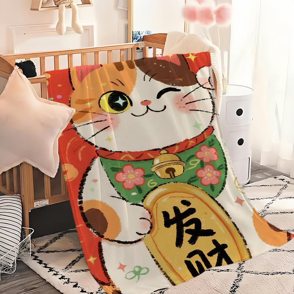 Coperta Illustrazione Gatto della Fortuna Calda Confortevole Morbida in Flanella Peluche per Divano Soggiorno Ufficio Camera da Letto Regalo da Viaggio