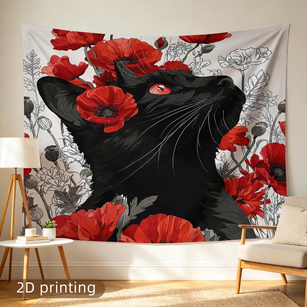 Gothic Cat Floral Tapestry Wall Hanging Large Black Cat Poppies Art Print Bohemian Home Decor Aesthetic Nursery Room Wall Decor