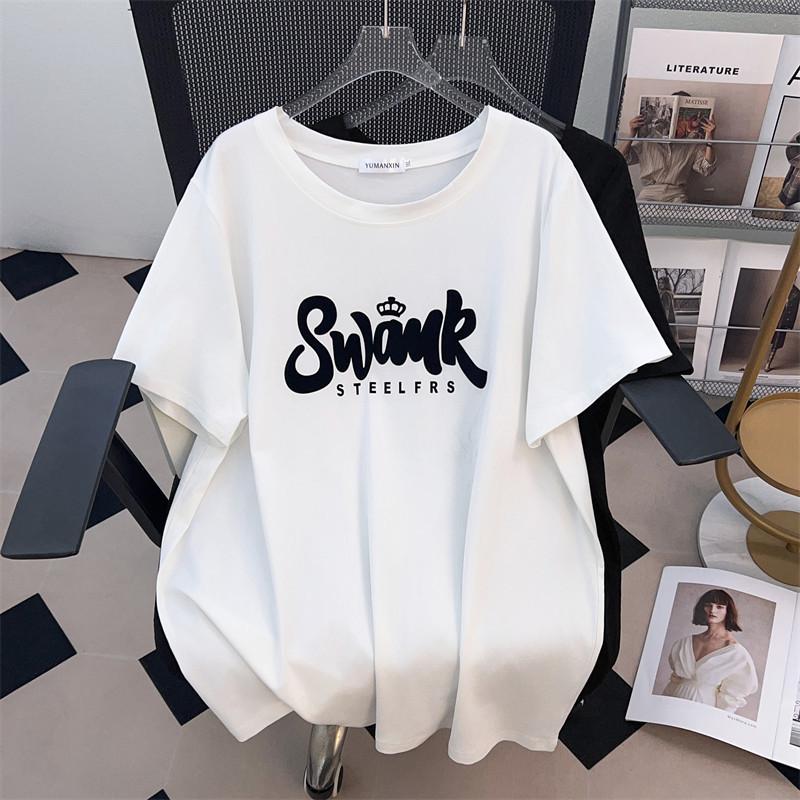 

Round Neck Plus Size Loose Short-Sleeve Mid-Length Women s T-Shirt (Sizes 200/300/350 Jin) 4XL білий