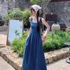 Blue Mist Love French Denim Dress Women's Summer Niche Design Sense Waist Temperament Suspender Long Dress