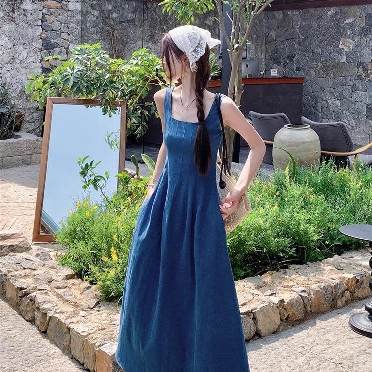 Blue Mist Love French Denim Dress Women's Summer Niche Design Sense Waist Temperament Suspender Long Dress