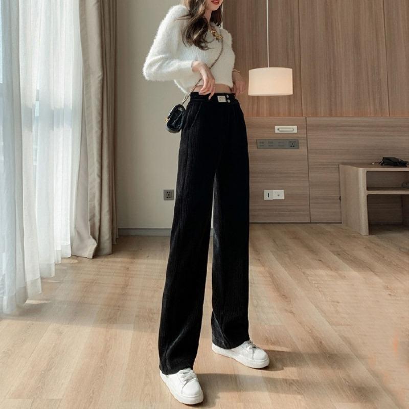 

Chenier wide-leg pants women s pants autumn and winter velvet thickened high waist drape straight mopping casual black trousers M