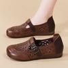 Women's Leather Baotou Hollow Out Flat Sole Sandals Summer New Soft Sole Non Slip Retro Round Toe Lightweight Slip On Cave Shoes