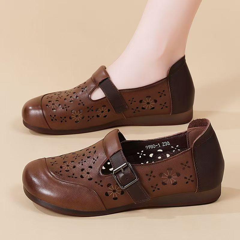 Women's Leather Baotou Hollow Out Flat Sole Sandals Summer New Soft Sole Non Slip Retro Round Toe Lightweight Slip On Cave Shoes