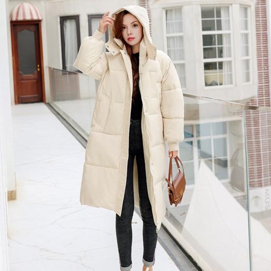 Long Puffer Jacket for Women Thicken Warm Quilted Hooded Coat Zip Up Full Length Down Coat Winter Outerwear
