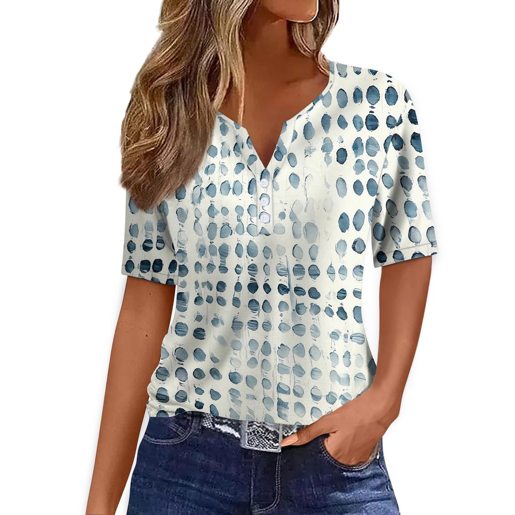 T-shirt décontracté pour femme à col en V, manches courtes, avec imprimé géométrique et boutons