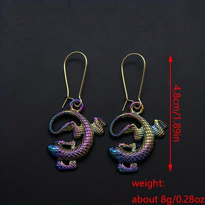Colorful Pentagram Pattern Lizard And Wing Dangle Earrings Goth Punk Style Alloy Jewelry Creative Female Gift Perfect For Causal Decor