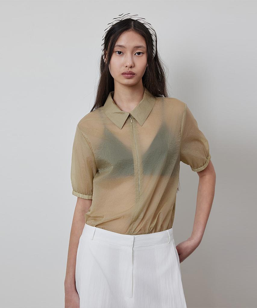 Kwinseulaebis Summer See-Through Half Zip-Up Banding Collar Blouse