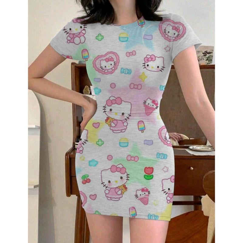 Y2k Fashion Women's 2024 Summer Sexy Tight Mini Dress Party Hello Kitty Printed Loose Short Dress
