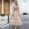 Women Autumn Winter O Neck Lantern Sleeve Lace High Waist Pleated Printed Dress