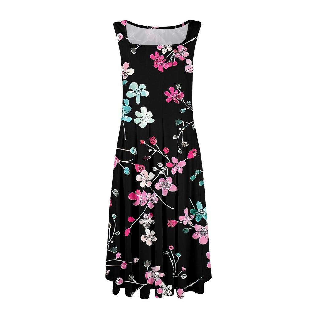 Women's Casual Fashion Round Neck Sleeveless Printed Side Pocket Midi Dress