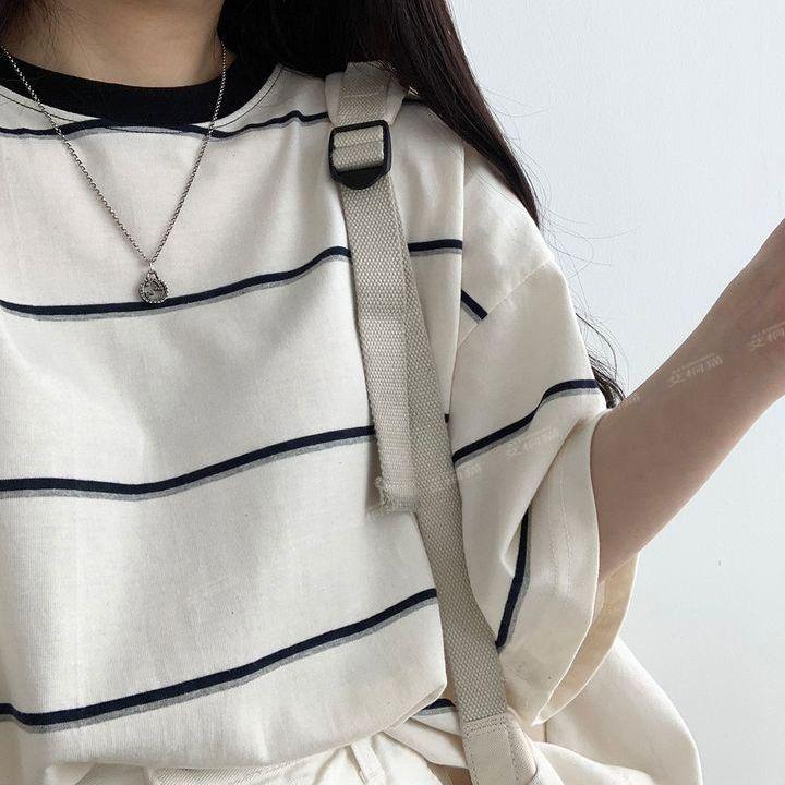 Women's Oversized Cotton T-Shirt: Trendy Korean Style, Short Sleeve, Mid-Length, Plus Size Summer Stripes.