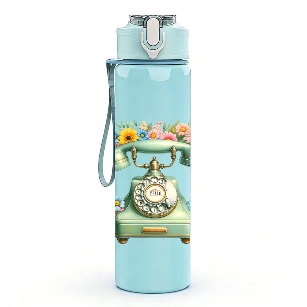 1PC Retro Vintage Telephone Pattern 750ml Color Plastic Sports Water Bottle Leakproof Flip Straw Lid Suitable for Sports Office Home Use