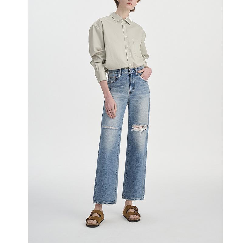 ZE House High-waisted American Retro Ripped Straight-Leg Jeans for Women M