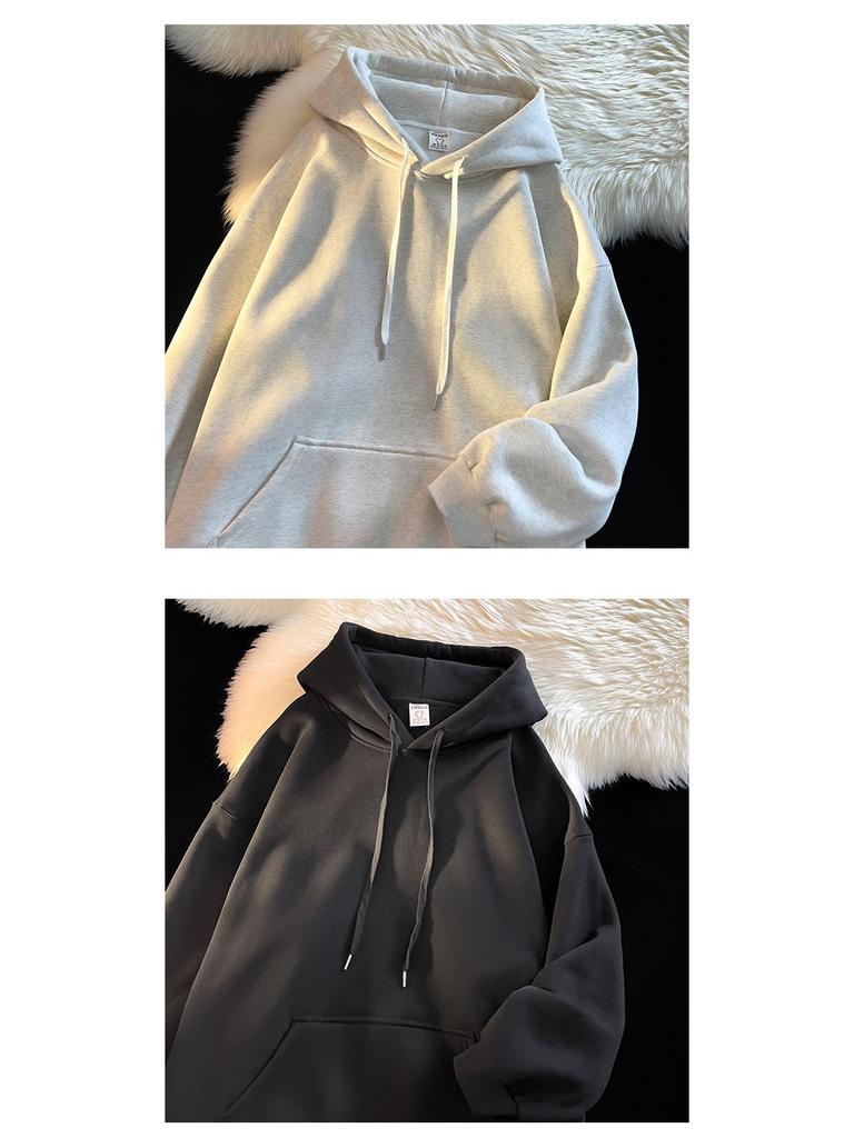 Men's Dark Green High-Gloss Heavy Oversized Hooded Sweatshirt for Autumn/Winter, Plus Velvet, Basic Style.