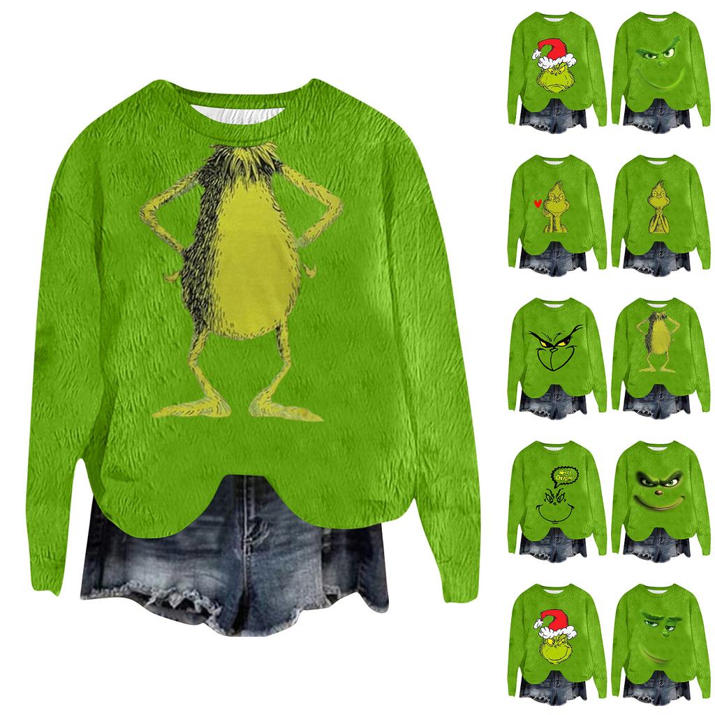 Women's Fashion Round Neck Pullover Top Long Sleeve Tee Christmas Printed Sweatshirt