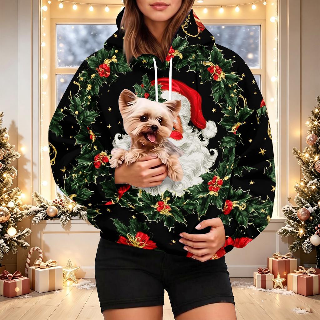 Damen Christmas Print Kapuzenpullover mit Haustier-Tasche Langarm Lässiger Pullover für die Feiertage