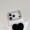 For iPhone 17 Pro Max Case Rhinestone Frame 3D Angel Heart Plush TPU PC Phone Cover with Heart Strap