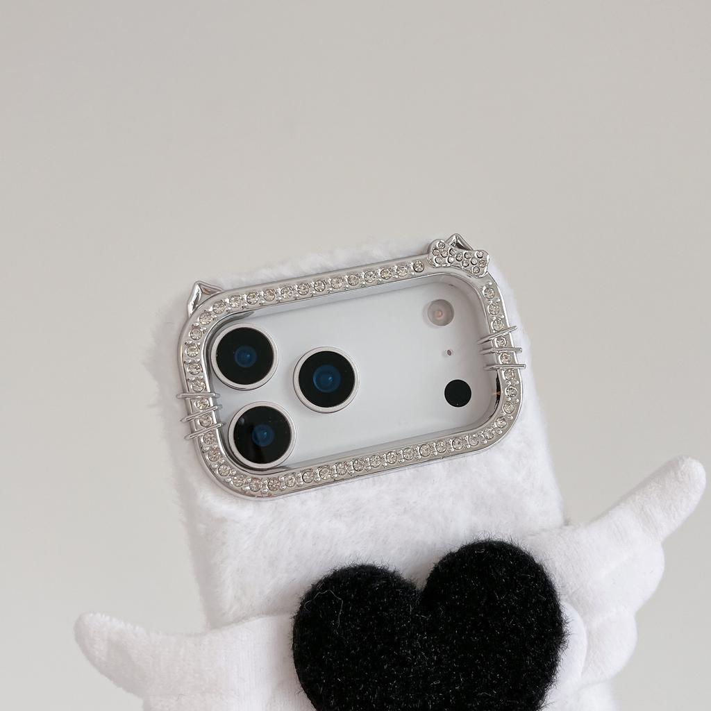 For iPhone 17 Pro Max Case Rhinestone Frame 3D Angel Heart Plush TPU PC Phone Cover with Heart Strap