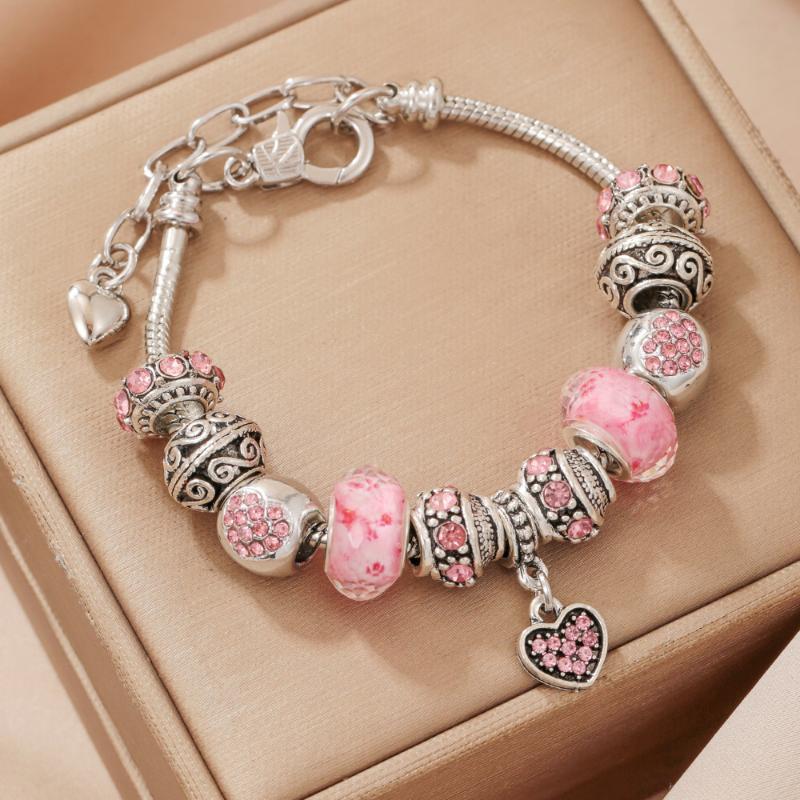 Y2K Ins Silver Plated Charm Bracelet Diy Large Hole Beads Rhinestone Heart Pendant Adjustable Chain Jewelry For Women Gift
