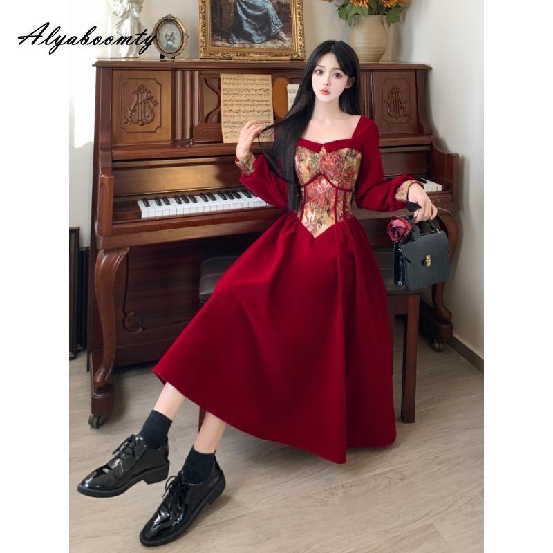 Plus Size Autumn Winter Women Red Velvet Midi Dress Square Collar Jacquard Patchwork Vintage Dress Long Sleeve Elegant Party Dress