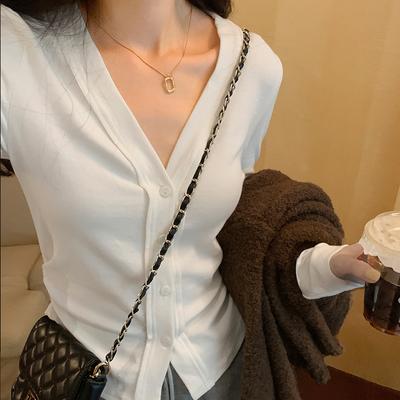 Designed V-neck Collarbone Exposed Short Style Knitted Cardigan for Women In Autumn and Winter New Slim Chic Top