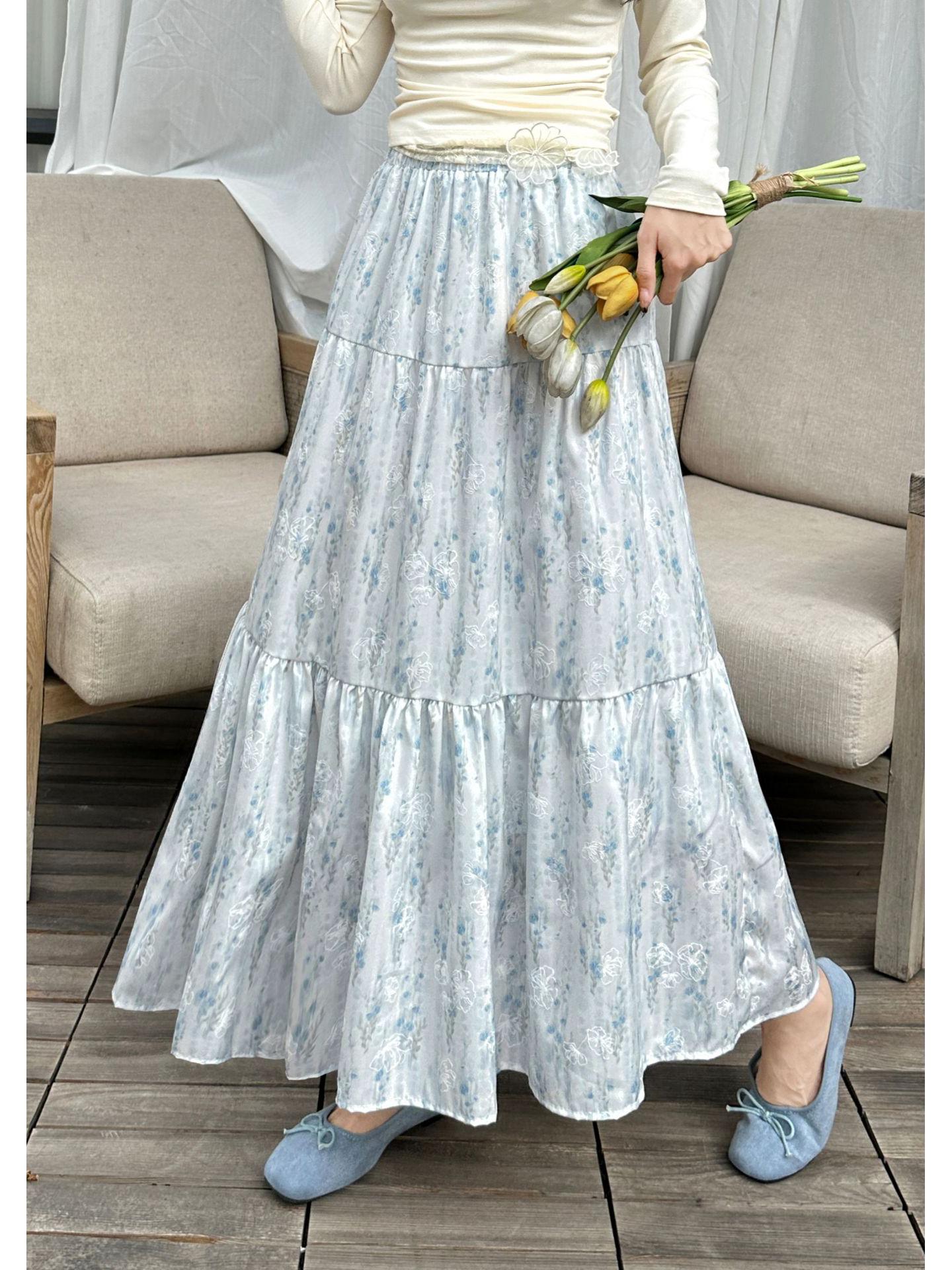 Французское Сладкое Вышитое Платье А-силуэта с Завышенной Талией One Size синий