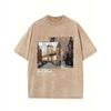Gewaschenes T-Shirt für Herren, mit stilvollem Print von Southwester New York, Street Style, Bequem, Weich, Atmungsaktiv, mit Vintage-Waschung, Outdoor-Bekleidung