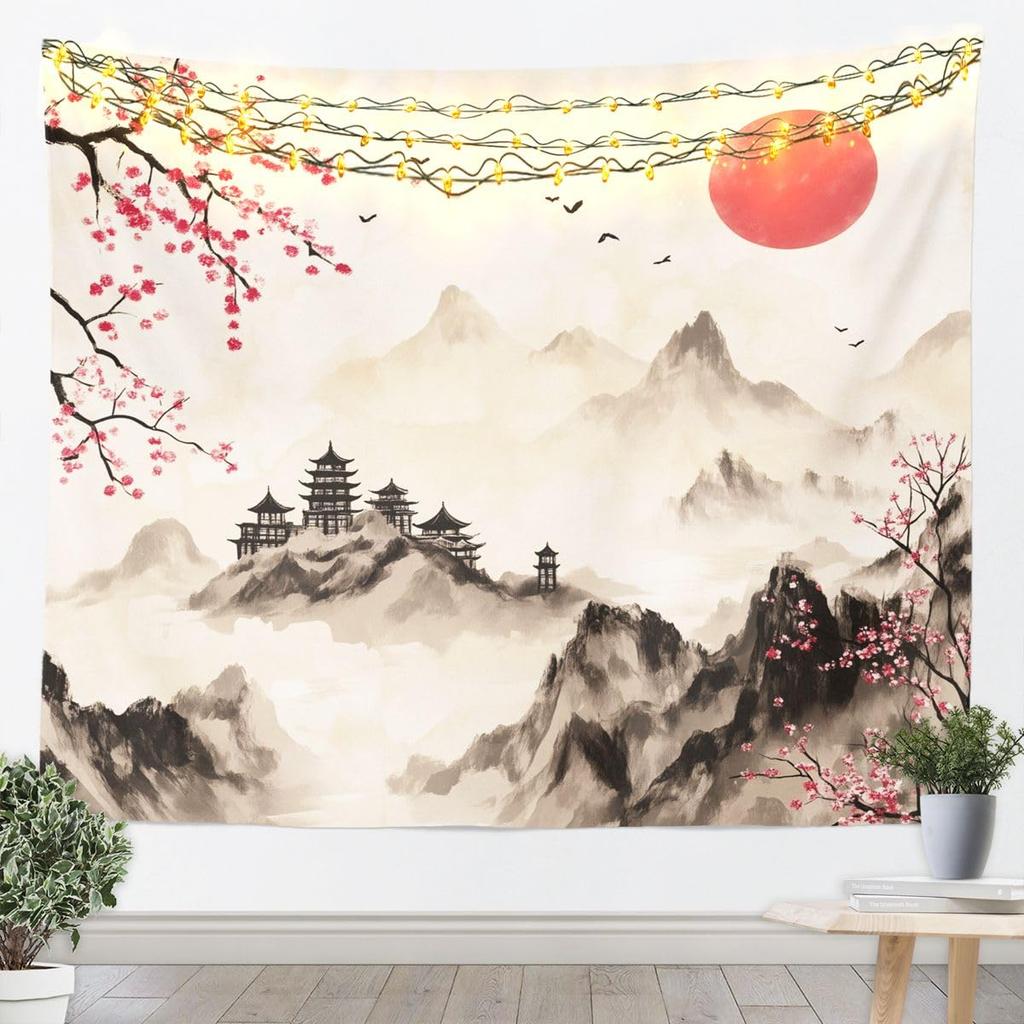Cherry Blossom Tapestry Japanese Style Wall Art for Living Room Bedroom Chinese Ink Painting Wall Hanging Blanket Plum Blossom