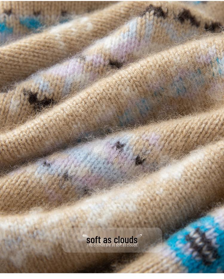 Fair Isle Striped Cashmere Cardigan - Women's Warm Round Neck Jacquard Sweater for Autumn/Winter