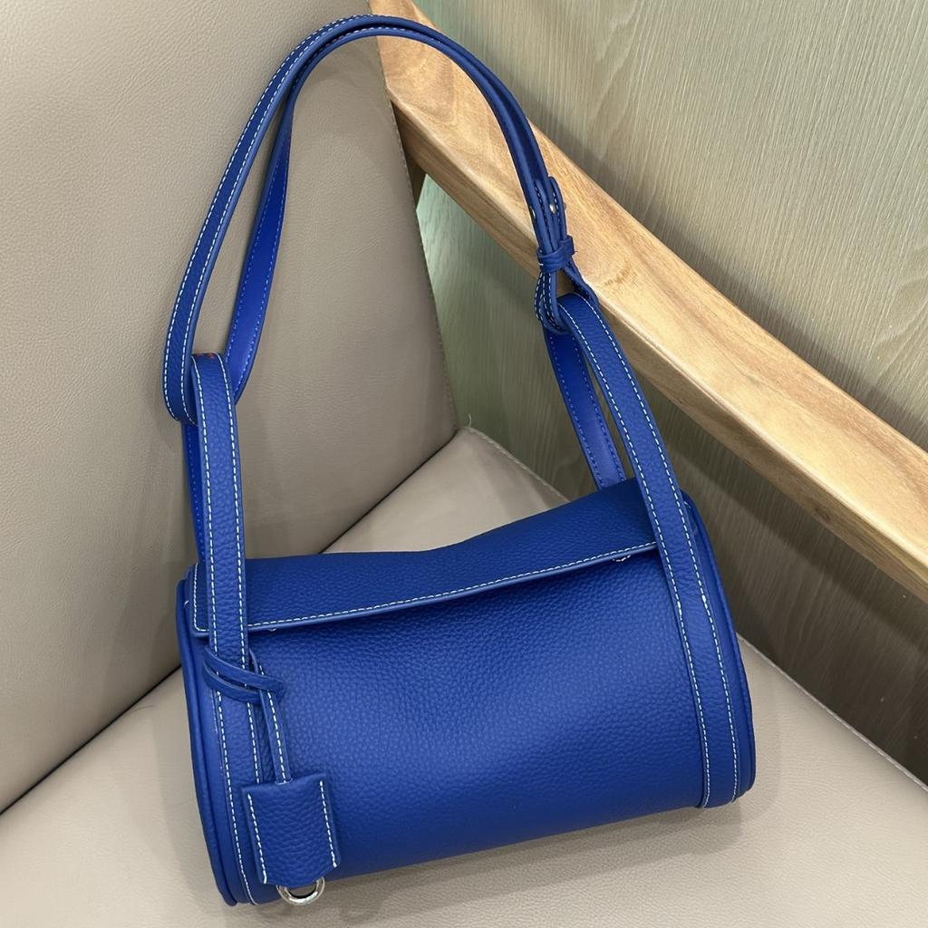 High-end Cowhide Canvas Strap Rucksack Wave Element Round Bucket Bag Unisex Single Leather Decoration Cross-body Bag