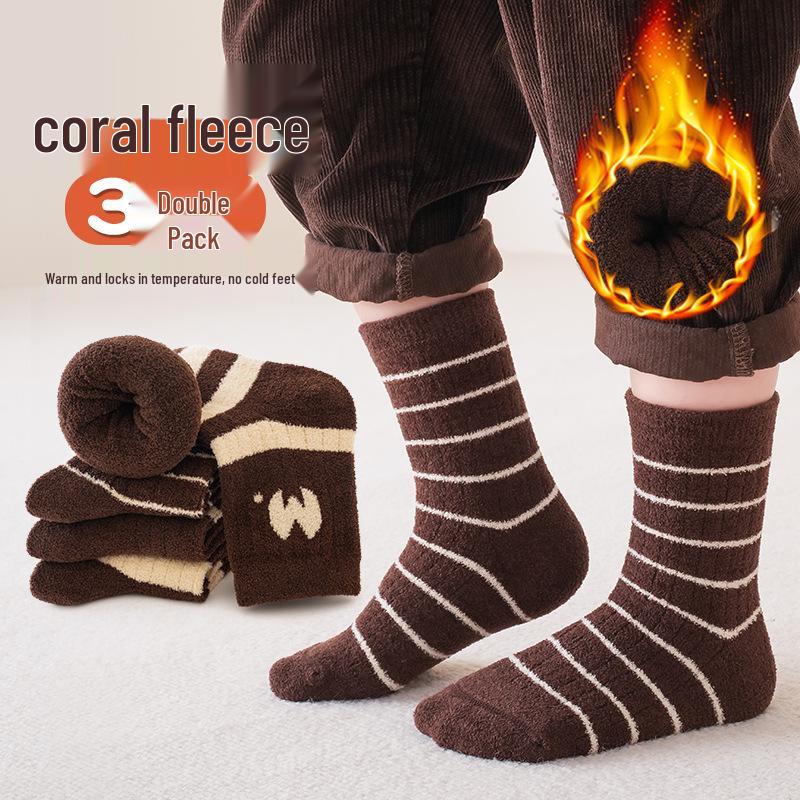 Sada 3 ks - Dětské zesílené ponožky z coral fleecu proti žmolkování pro podzim/zimu, střední výška lýtka, unisex pro chlapce a dívky