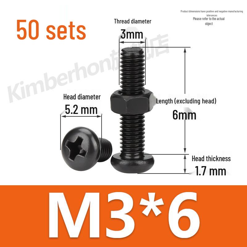 Complete Set of Black 304 Stainless Steel Phillips Round Head Screws and Nuts - M2M3M4M5M6MM.