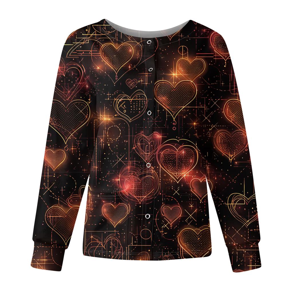 Women's Casual Fashion Long Sleeve Standing Collar Single Breasted Valentine's Day Print Workwear Jacket Tops