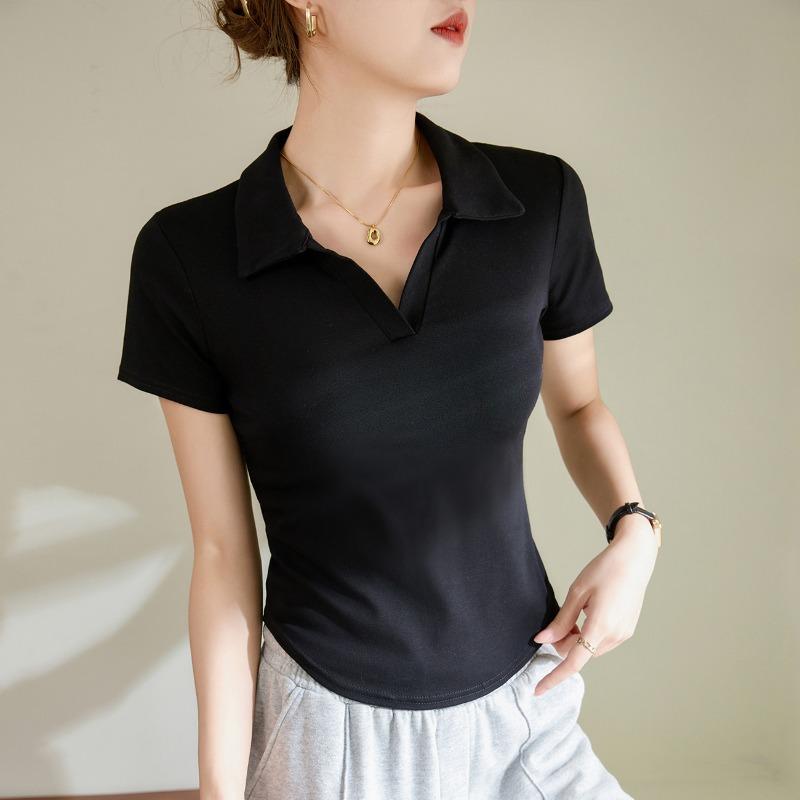 

Polo Neck Curved Short Sleeve T-shirt Women s Summer New Shoulder Slim Cotton Base Shirt S