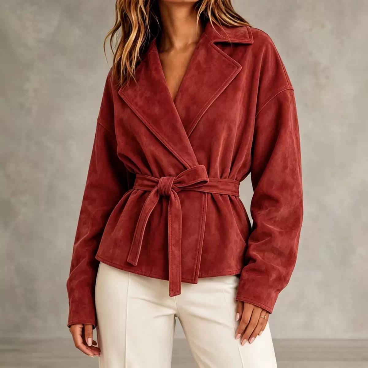Damen Kunstwildleder Kurze Jacke Reverskragen Wickel vorn Mit Gürtel an der Taille Langärmelig Lässig Locker Oberbekleidung Mantel S rot