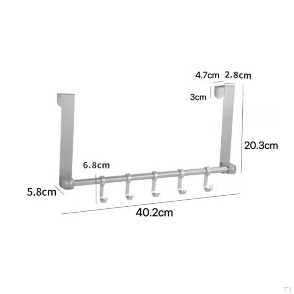 Over the Door Hook Rack Aluminum Hanger with 5 Hooks All Metal for Bedroom, Washroom, Entryway