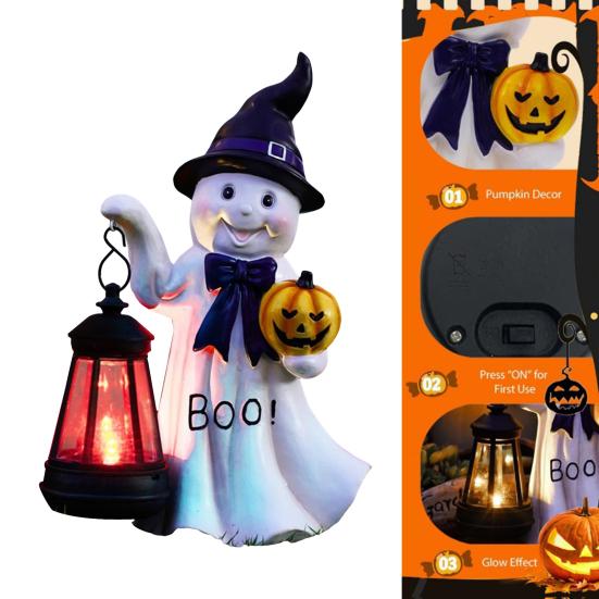 Ghost Statue Resin Ghost Figurine with Solar Powered Lantern Lighted
