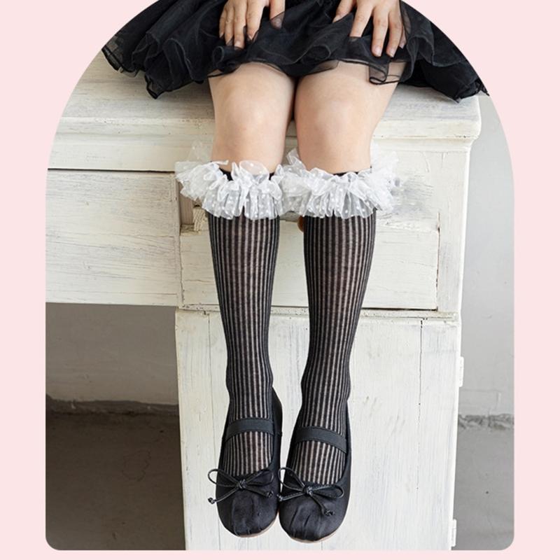 Sweet Style Mesh Dress Socks with Decorative Edge Accent for Toddler Girls Formal Event Under Knee Length Stockings