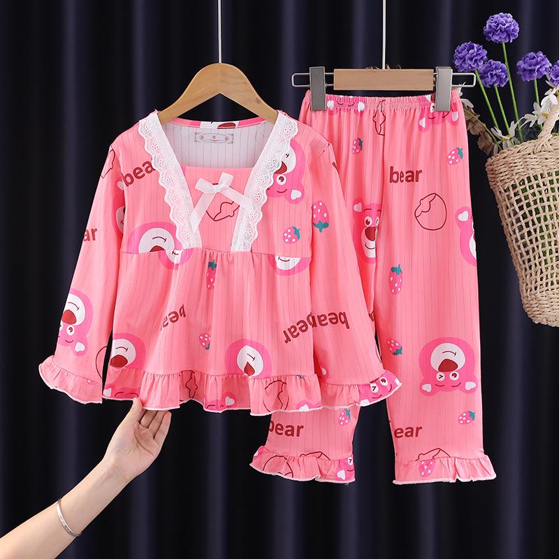 Kids' and Women's Spring Autumn Cartoon Pajama Set - Long Sleeve, Long Pants, KPOP Square Neck Homewear for Middle Large Child Girls