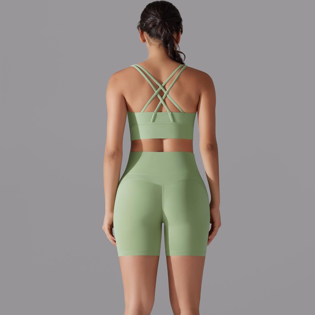 Auroth Women Back Cross Yoga Set Gym Running Outfit High Waist Workout Shorts Beauty Back Vest Sportswear