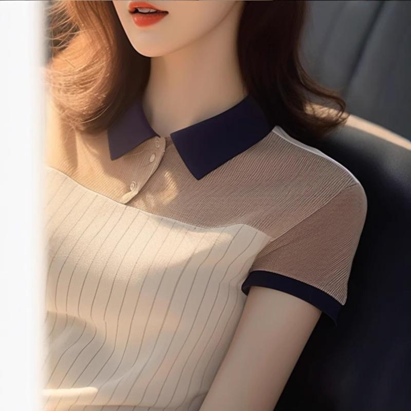 Summer Retro Hong Kong Style Slim Fit Polo Collar Knitted Top Short Sleeved T-shirt for Women