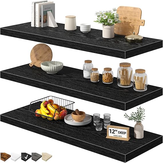 12-Piece Set of 36-Inch Wide Deep Wall-Mounted Floating Shelves for Various Rooms