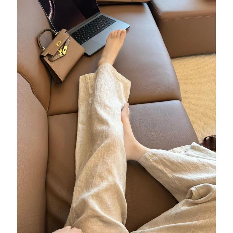 Women's Summer Japanese Style Cotton Linen Wide Leg Elastic Waist Pants