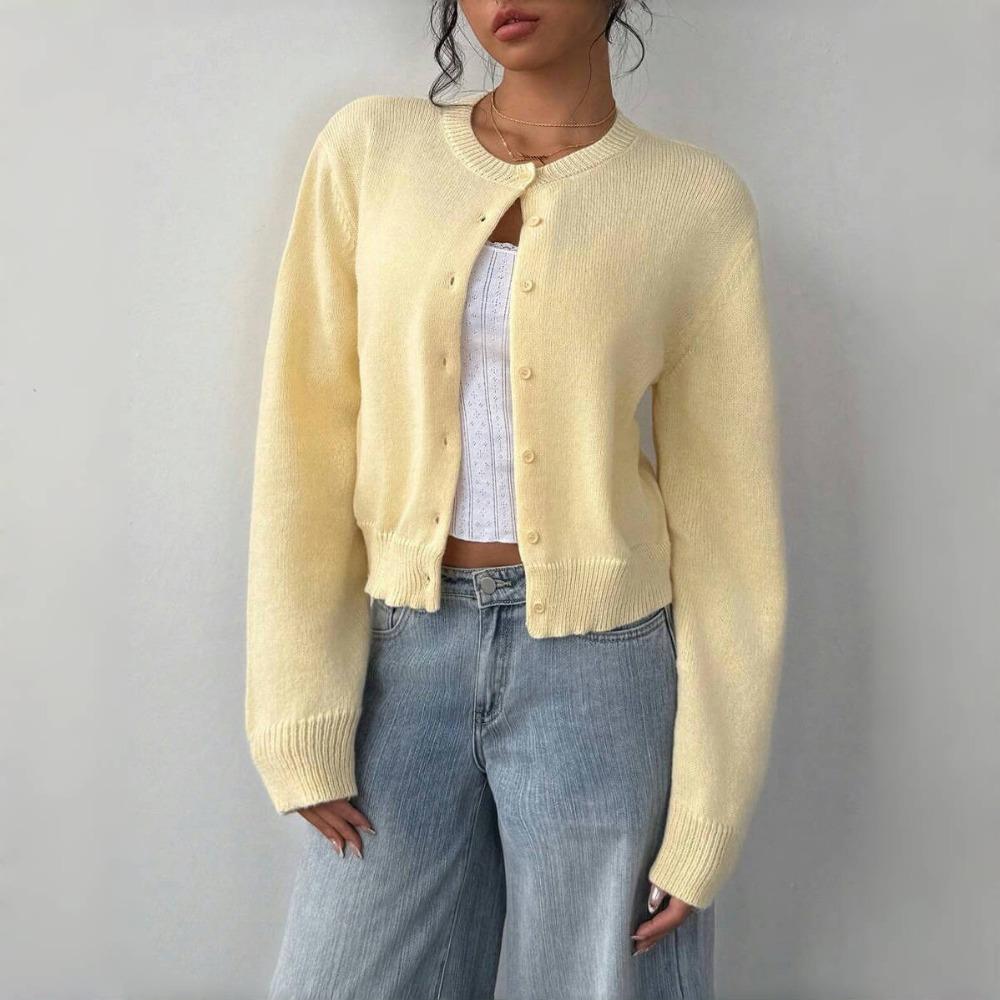 VAYLA Basics Ležérní jednobarevný kulatý výstřih dlouhý rukáv volný zkrácený dámský svetr kardigan