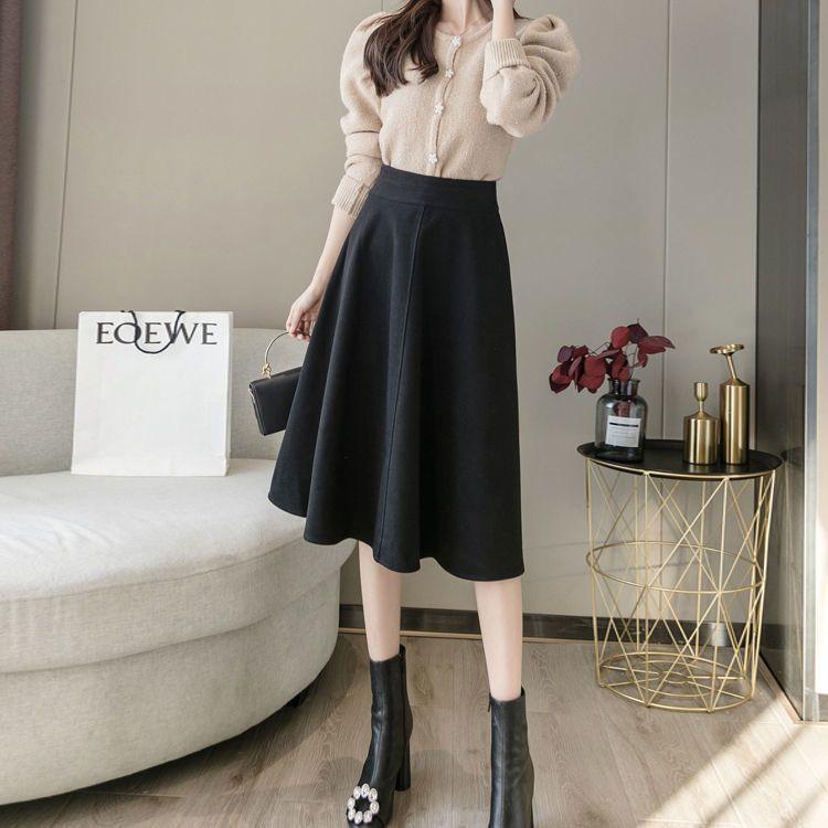 Autumn Winter Women's High Waist Slim-Fitting Flared A-Line Skirt Mid-Length Versatile Tummy-Hiding Korean Style Waist-Cinching Umbrella Skirt