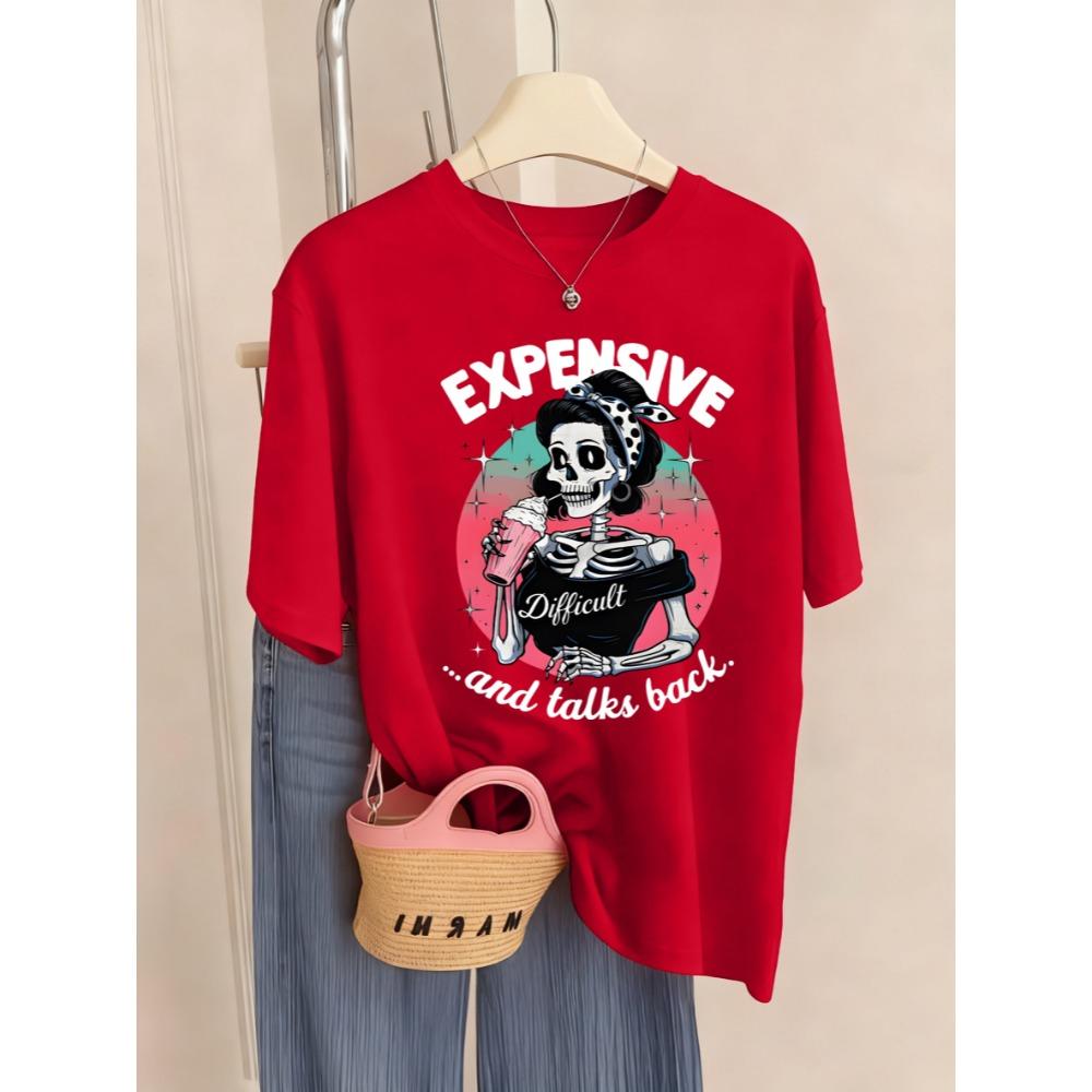 

Expensive Talks Back Iced Drink Skulls Print Women T-Shirt Breathable Soft T Shirt Casual Hip Hop Short Sleeve Summer Top S