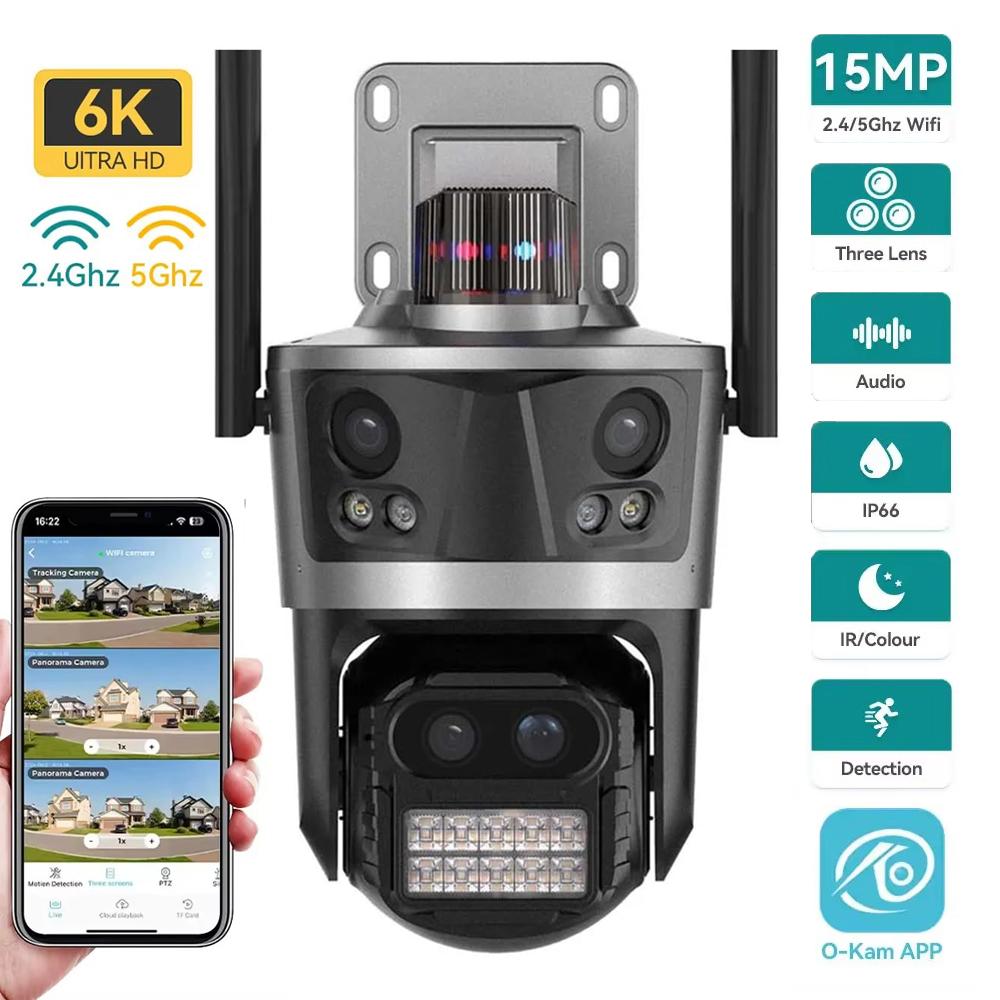 Three Lens Security Camera Outdoor, Outside Cameras for Home Security with Cord, IP66 Waterproof, AI Tracking, Light Alarm, Color Night, 2-Way Talk