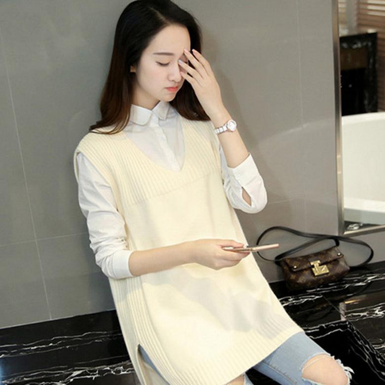 Mid-length Sweater Vest Women's Korean-style Solid Color Loose Knitted Sweater Large-sized V-neck Knitted Sweater Vest